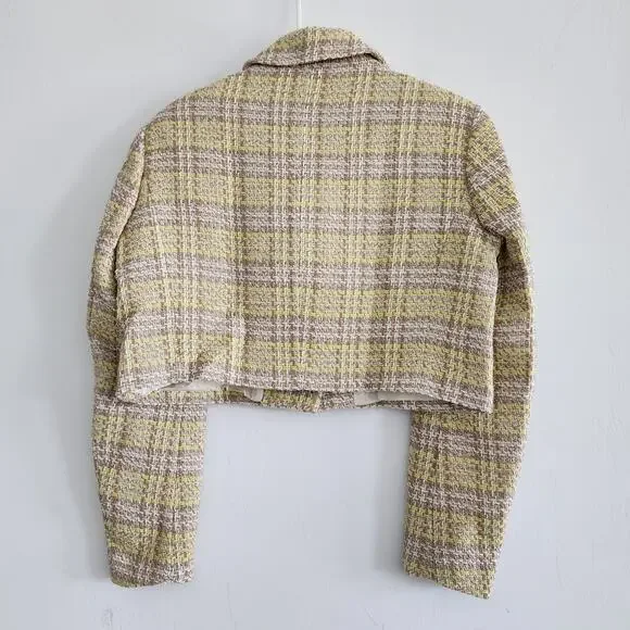 Zara Beige & Yellow Textured Cropped Blazer Button Down Size Large